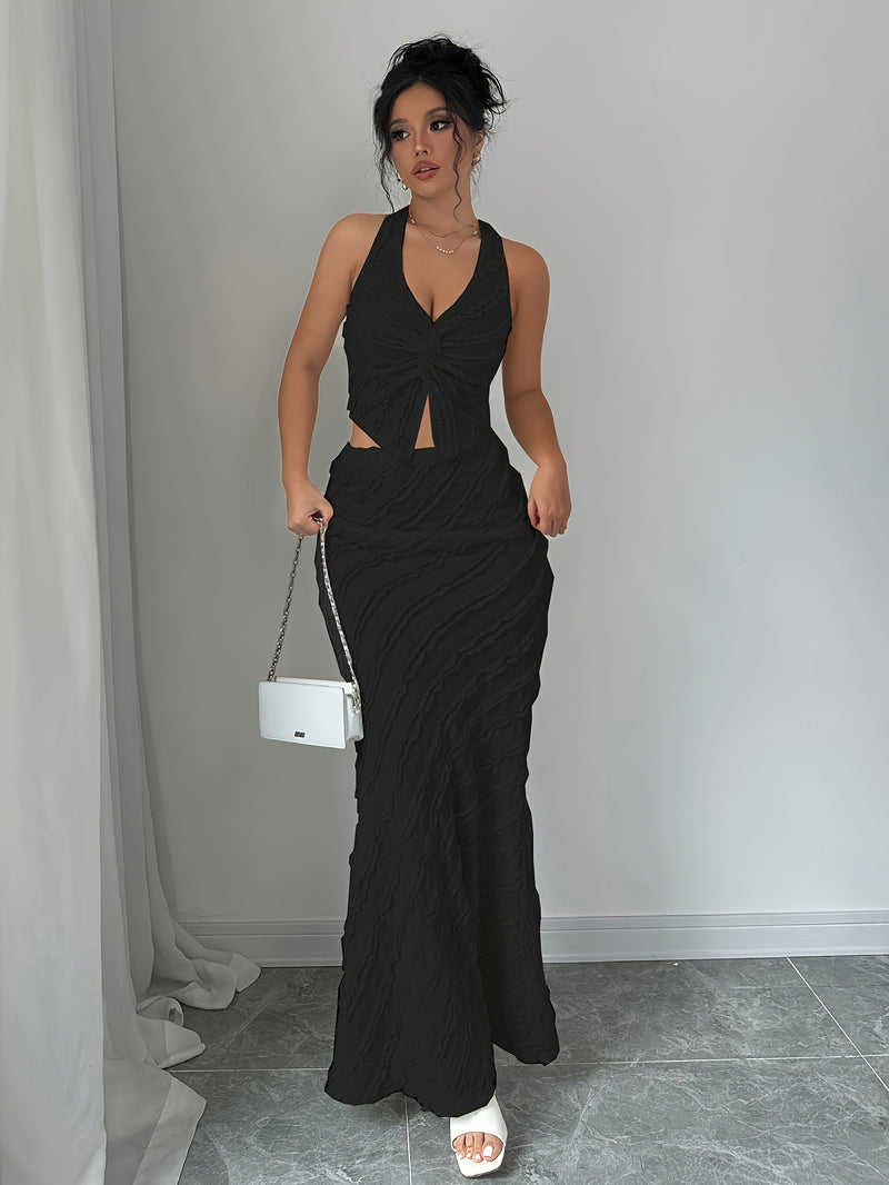 Women's 2pcs Sleeveless V-Neck Twist Halter Backless Bodycon Mermaid Dress.