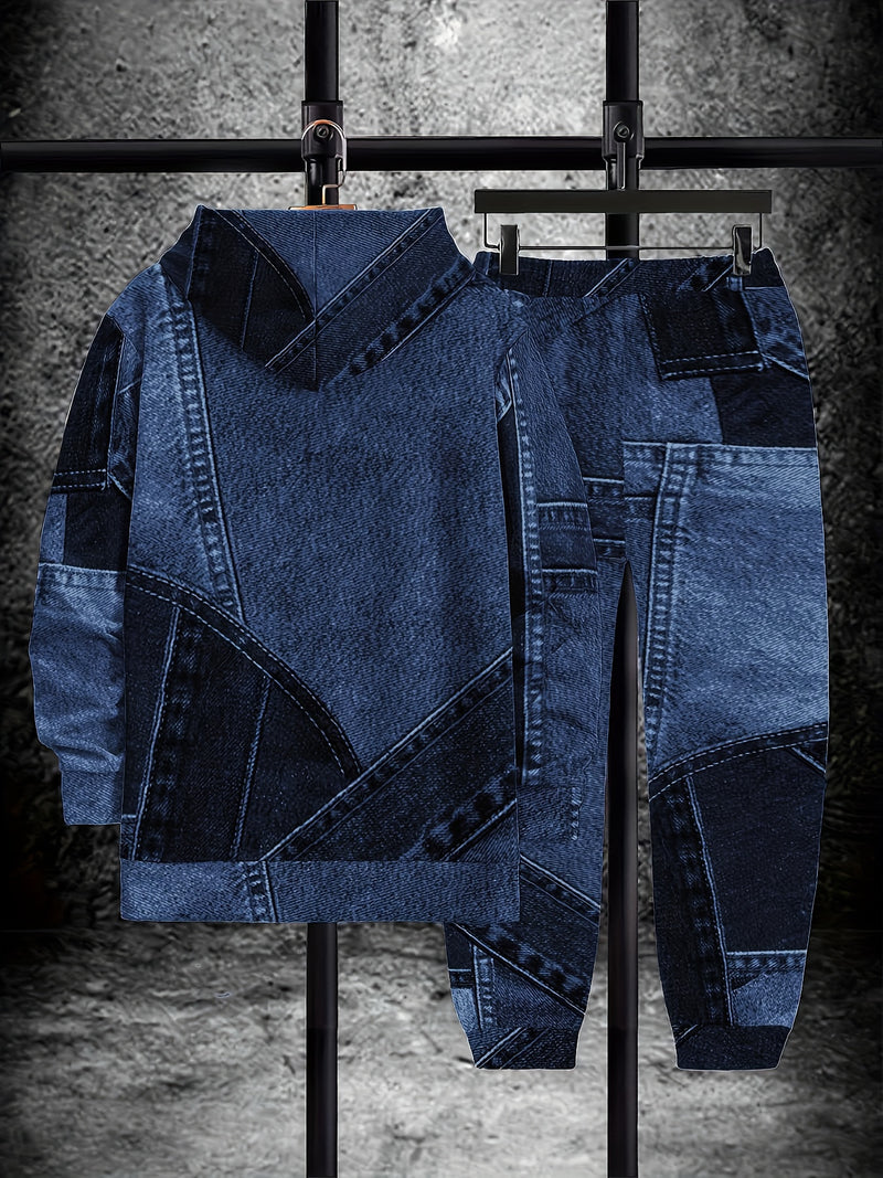Men's Autumn Lettered Faux Denim Effect Hoodie And Sweatpants Two-Piece.