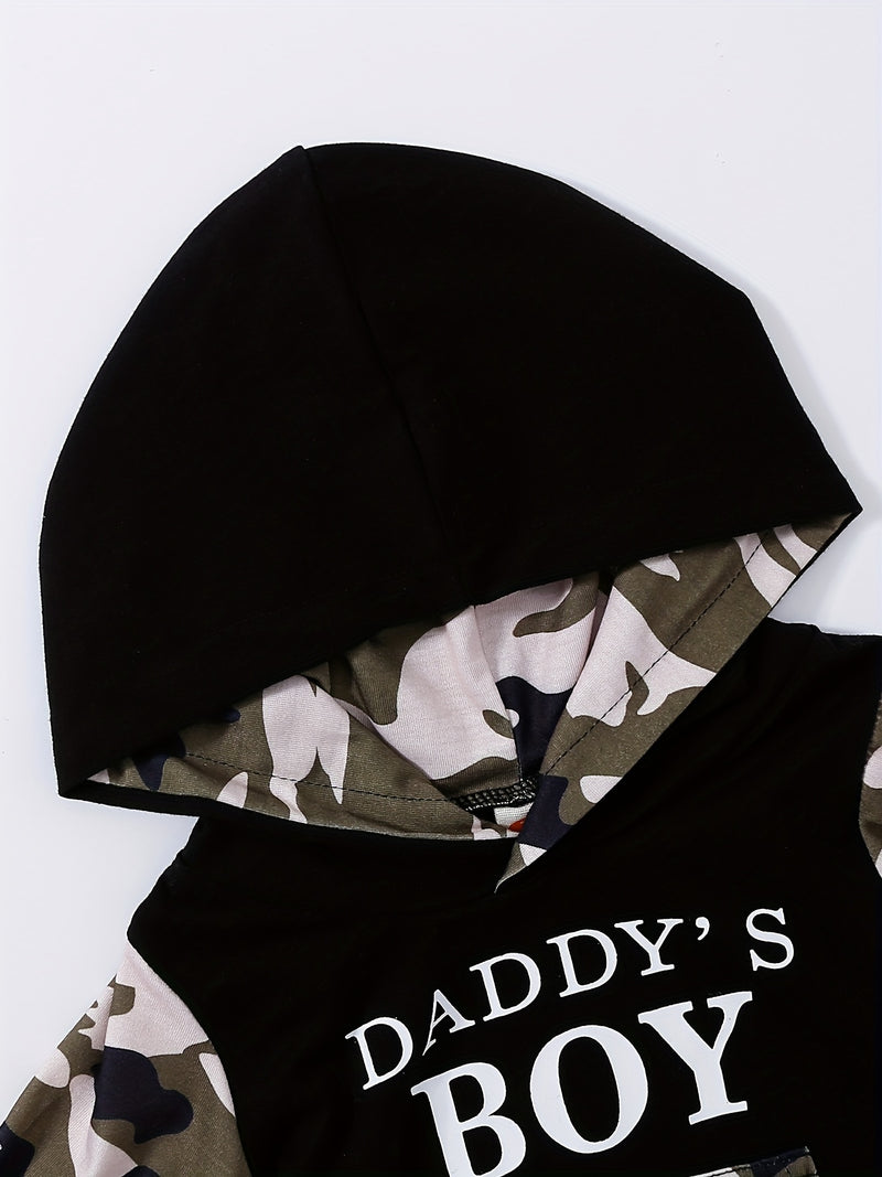 Baby Letter Slogan Print Camo Pocket Hoodie & Camo Pants Set, for Outdoor.