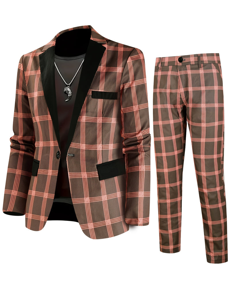 2pcs Men'S Casual Fashion Patchwork Plaid Suit | Non-Stretch Fabric.