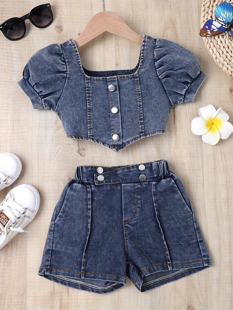 Girls Casual Trendy Stylish Y2K Denim Cropped Top & Shorts Set For Summer Holiday.