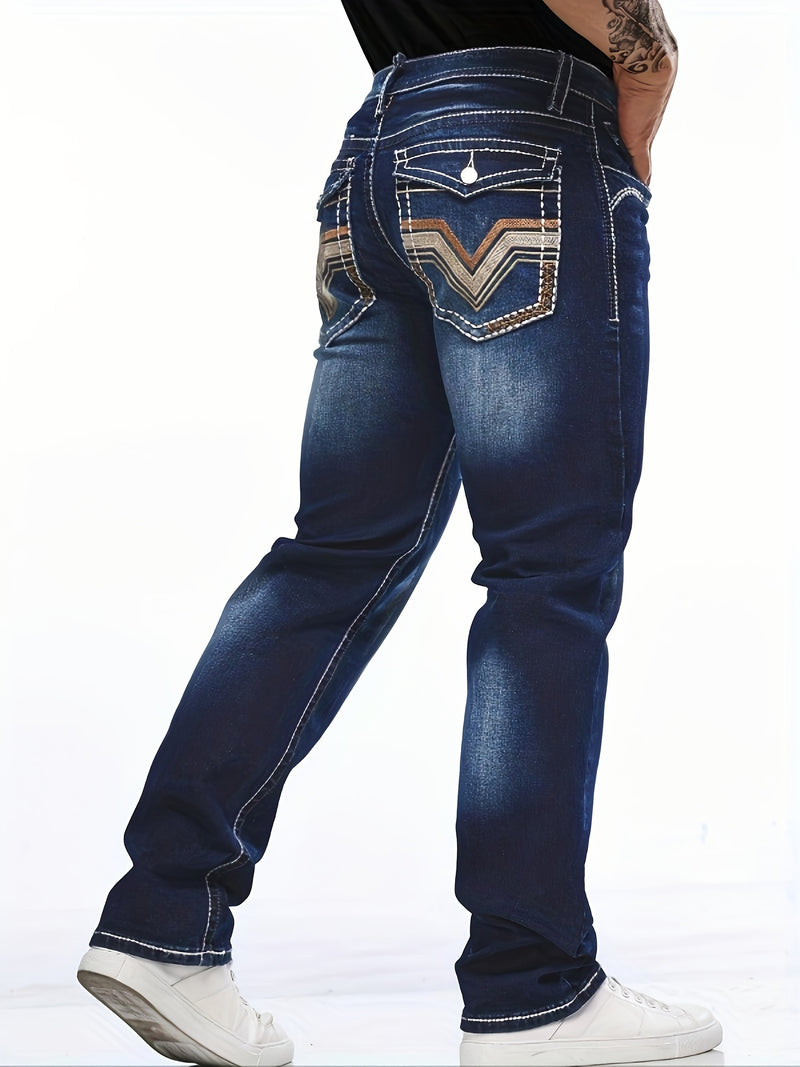 Men's Vintage-Inspired Slim Fit Embroidered Stretch Jeans.