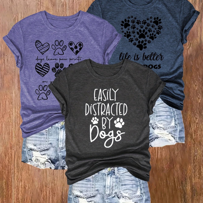 3pcs Women's Casual Dog Lover Graphic T-Shirts.