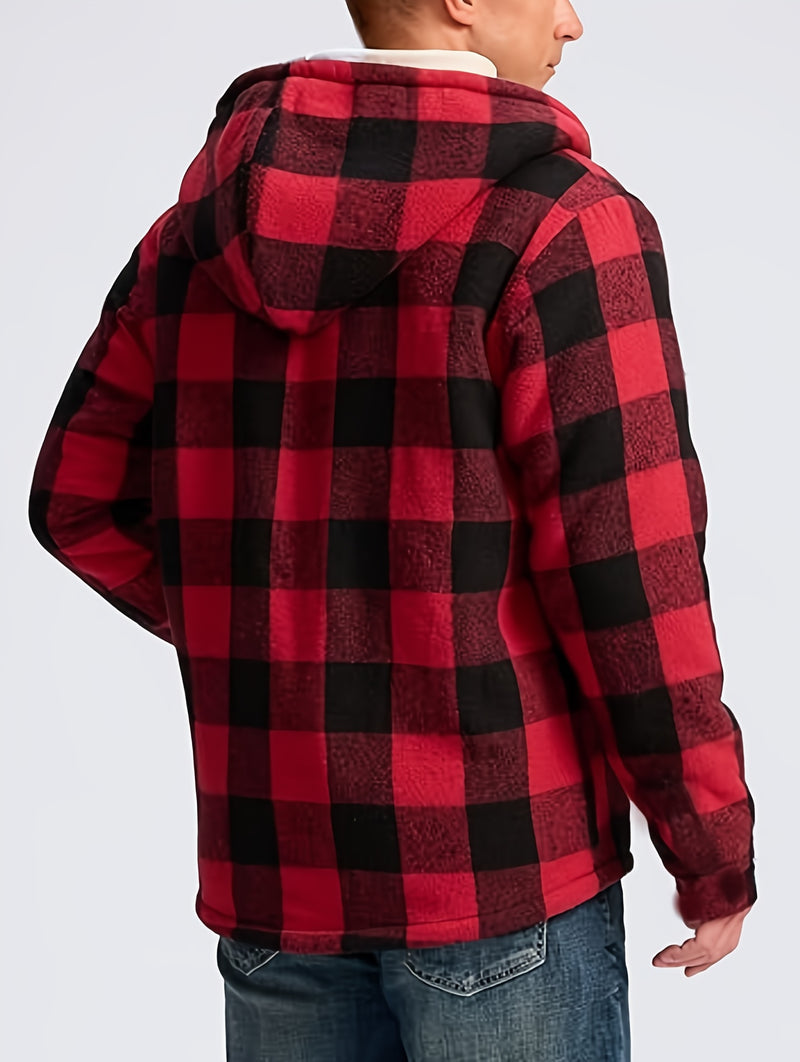 Men's Warm Jacket with Sherpa Lining, Plaid Hooded Zip-Up Winter Coat.