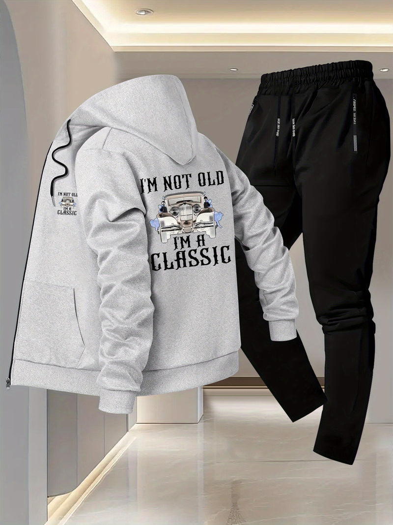 Men's Vintage Car Print 2pcs Suit Set - Slim-Fit Hooded Jacket & Pants.