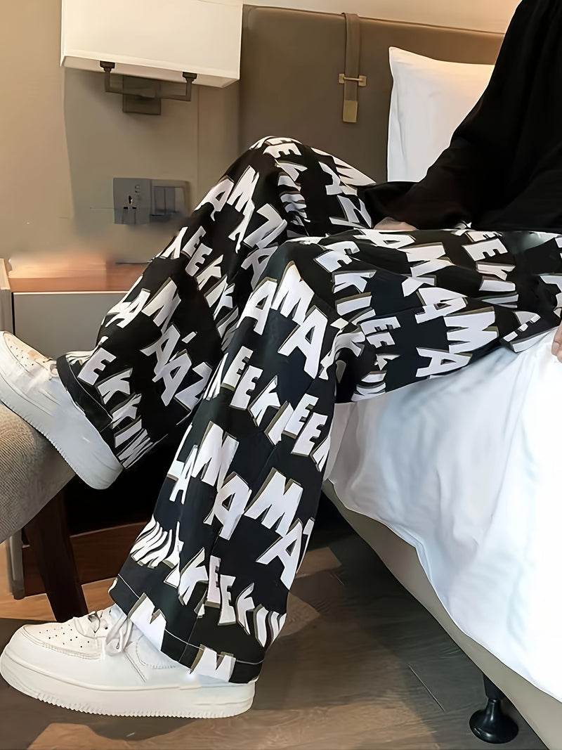 Men's Casual Wide-Leg Pants with Bold Letter Print.