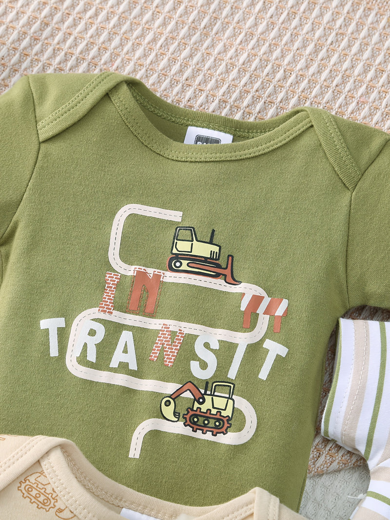 5pcs Boys Romper Set, Featuring a Stylish Cartoon Car Pattern.