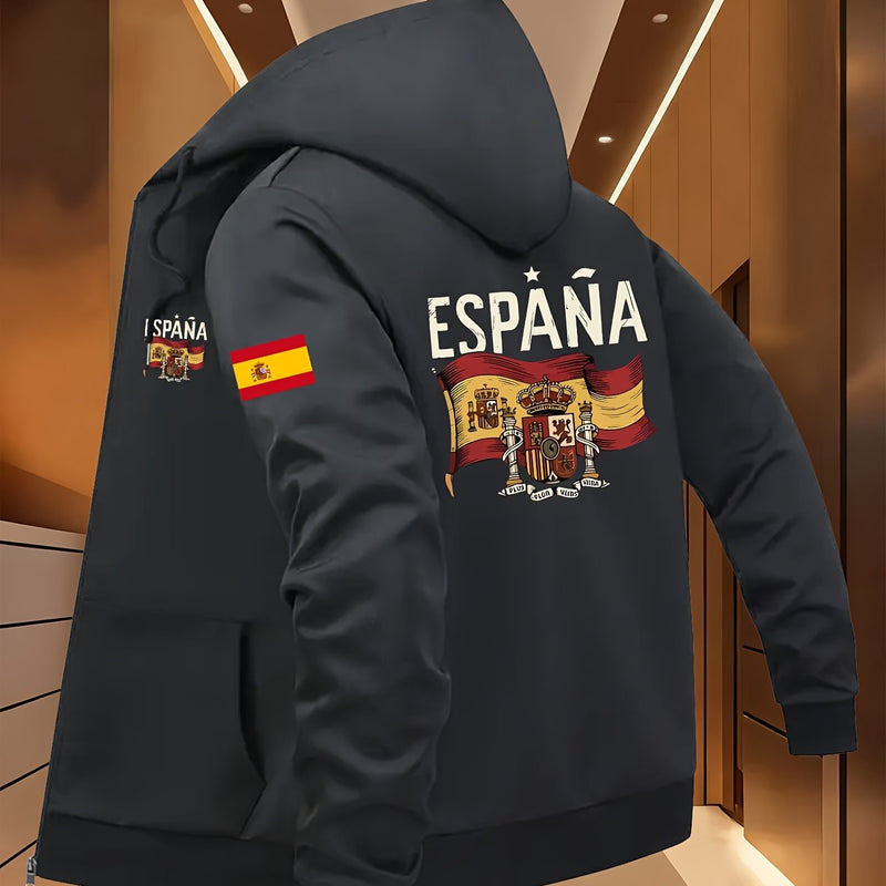 Men's Spanish Flag & Spain Lettering Print Hooded Jacket.