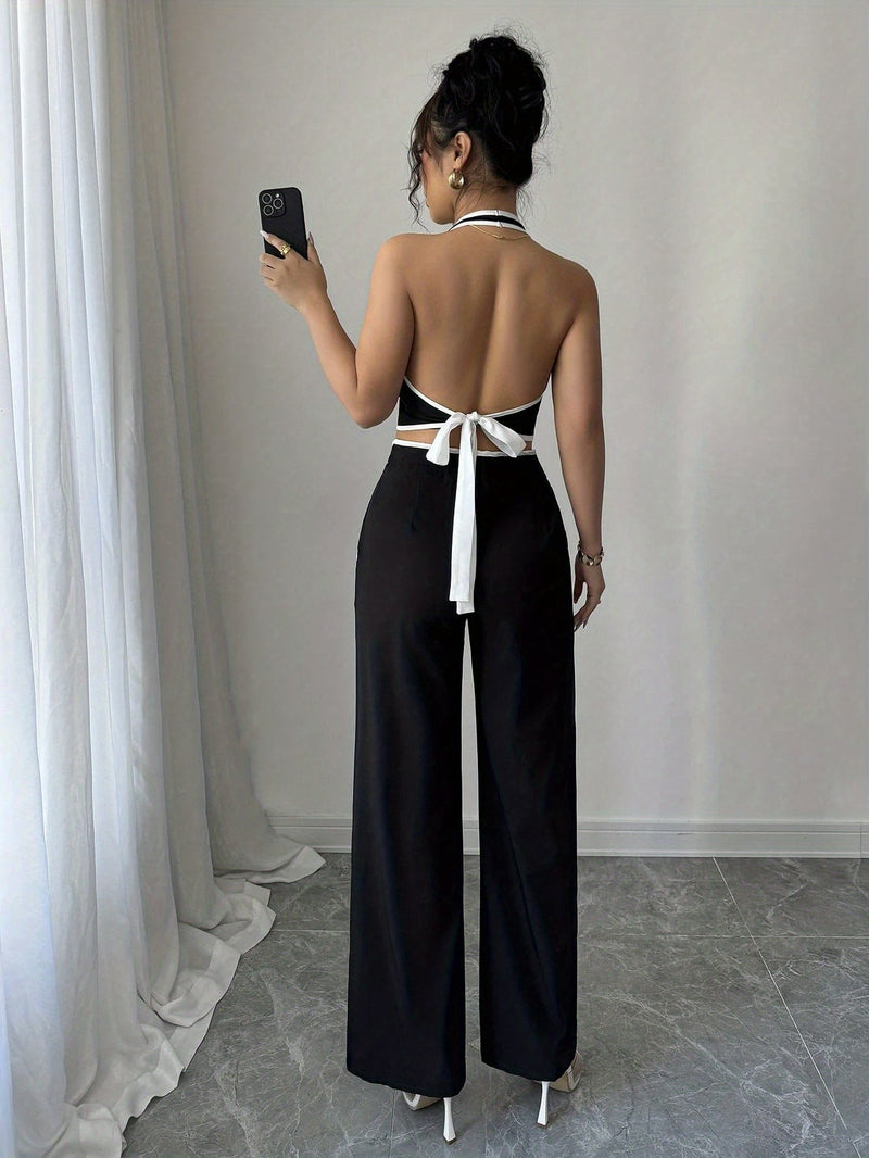 2pcs Women's Commuter Solid Color Short Sleeve Sleeveless Top and Pants.