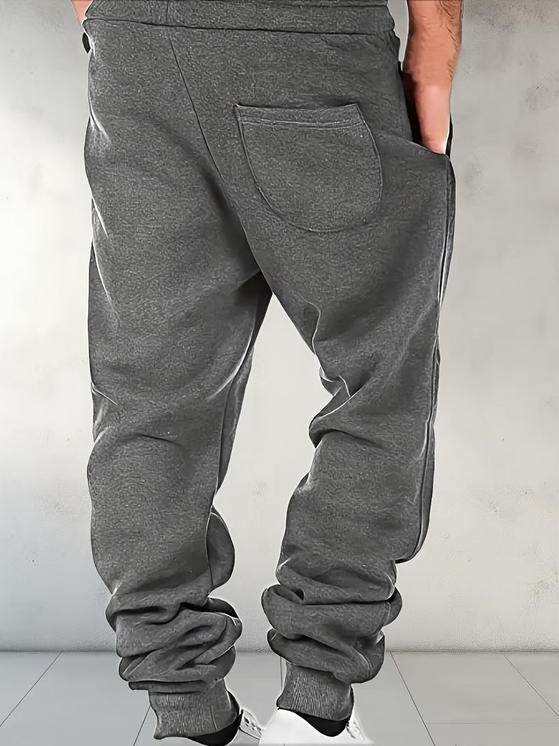 Men's Solid Color Loose Sports Pants, Micro Elastic Warm Thick Casual Pants.