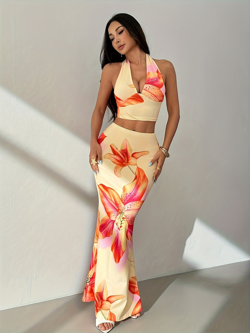 Women’s Floral Halter Crop Top & Ultra-Long Skirt Set.