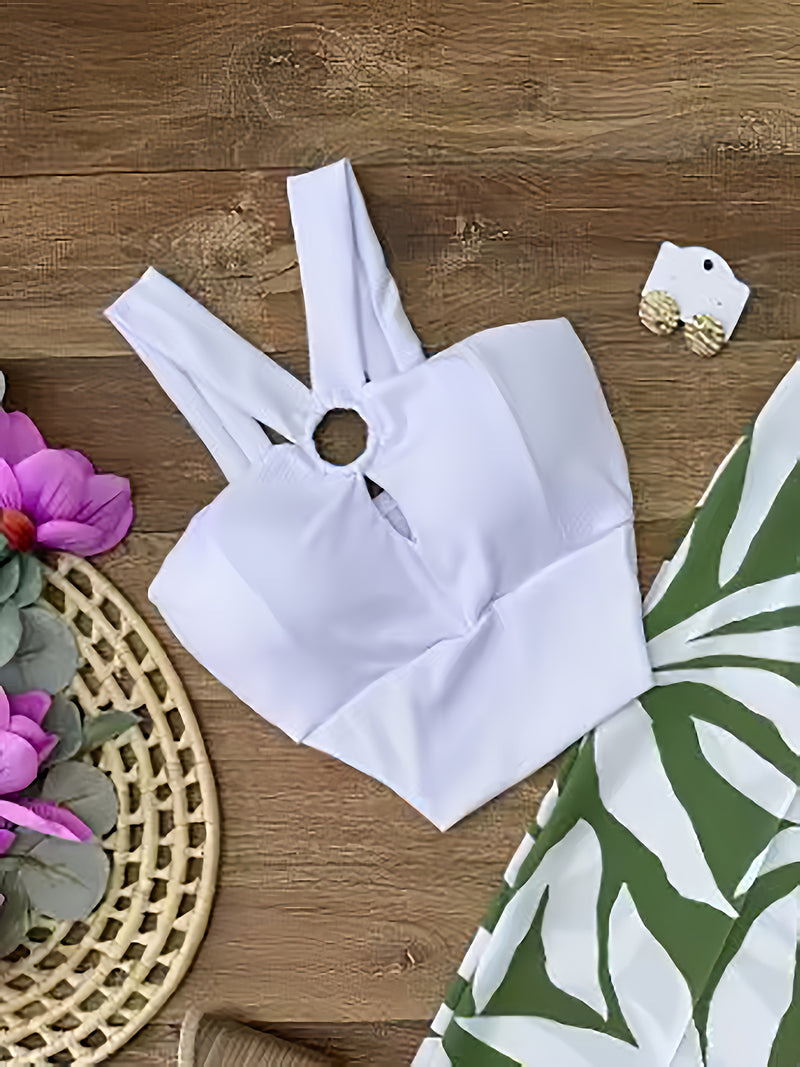 Women’s Elegant White Off-Shoulder Tank Top & Green & White Geometric Print Wide-Leg Pants.