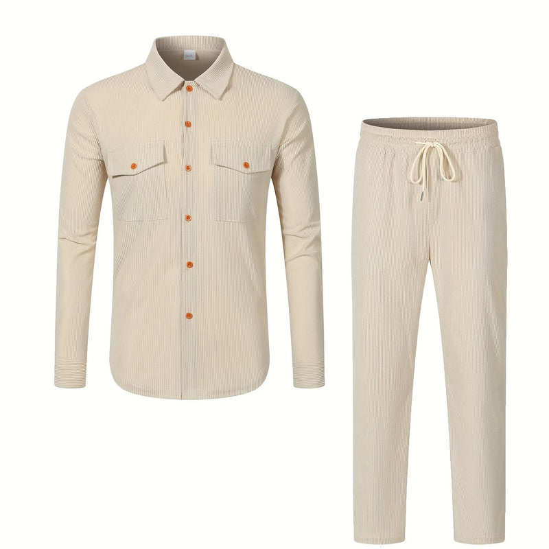 Men'S Casual Two-Piece Set - Olive Green Corduroy  Shirt & Pants.