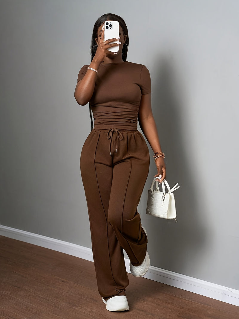 Women's Fashion Slimming Drawstring Wide Leg Pants Set.