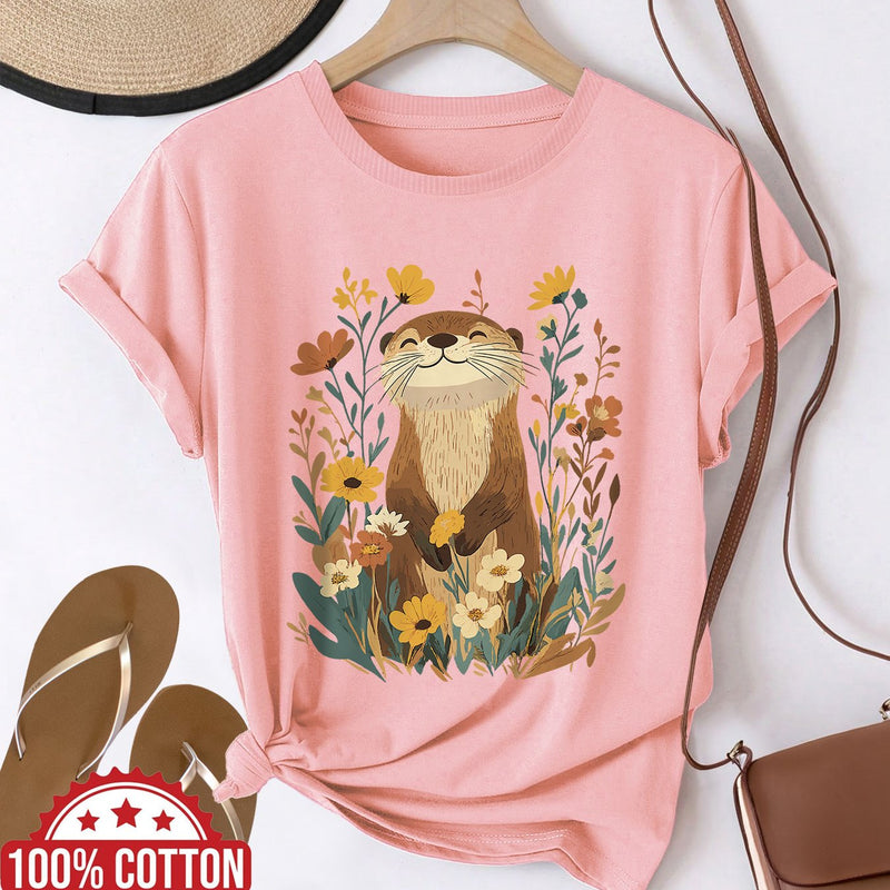 Women's Cute Otter & Floral Print T-Shirt.