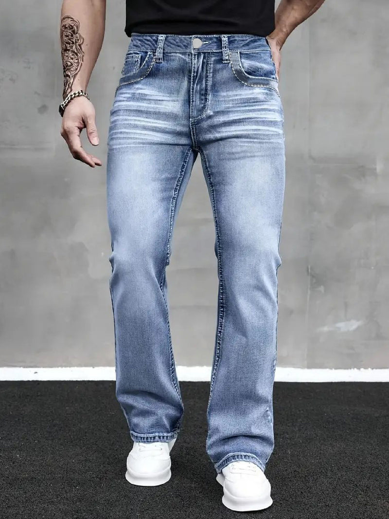 Men's Stretch Simple Straight-Leg Jeans in Light Blue.