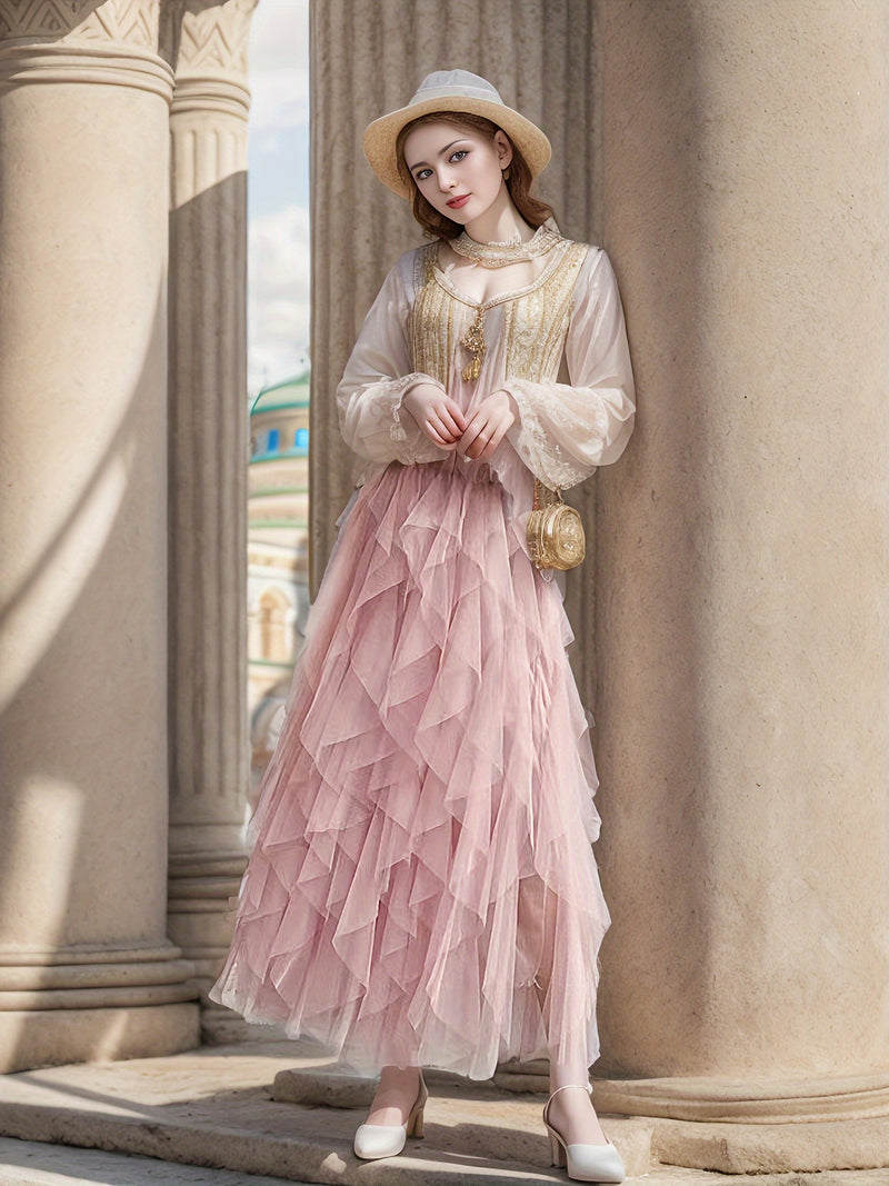 Women’s Irregular High-Waisted A-Line Tulle Skirt, Layered Tulle Skirt.