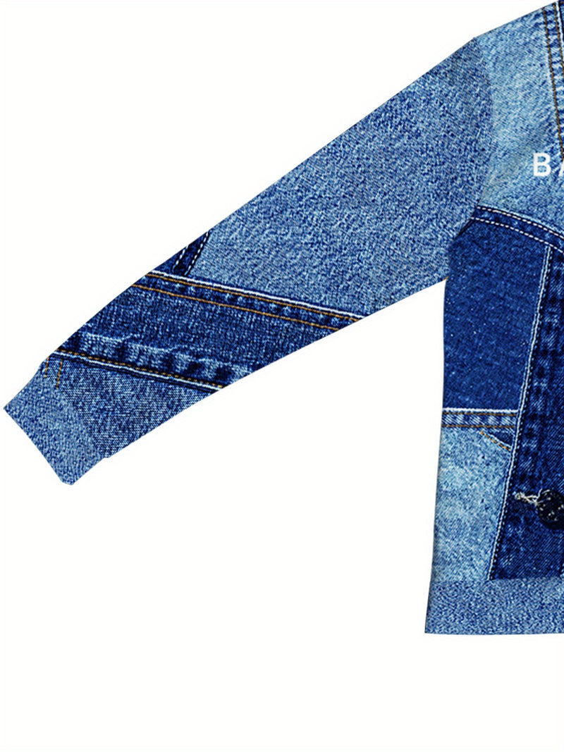 New Blue Denim Patchwork Style Pattern Digital Print Sportswear Set Hooded.