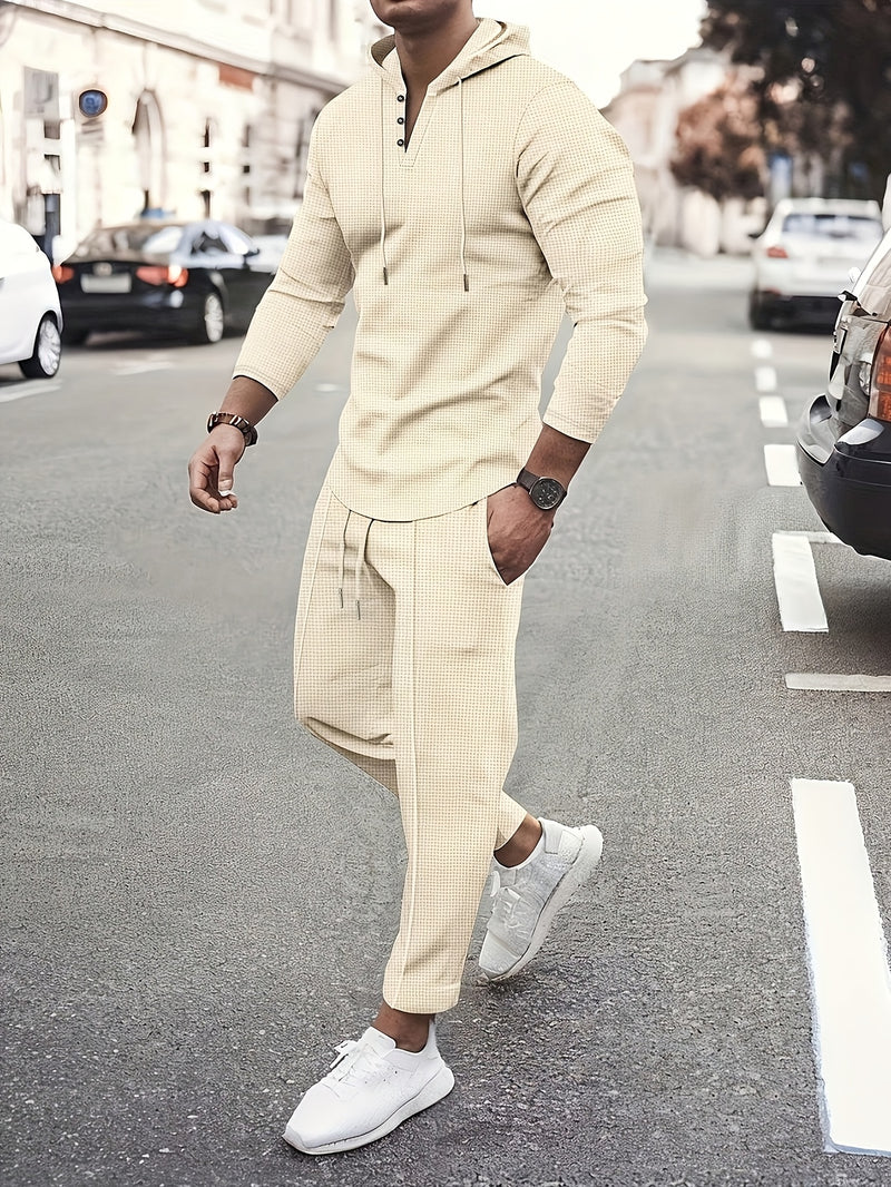 A Two-Piece Casual Outfit for Men Hooded Long-Sleeve T-Shirt.