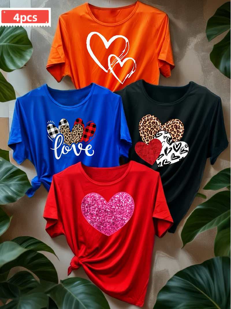 A Set of Four Diverse Heart-Patterned T-Shirts for Women.