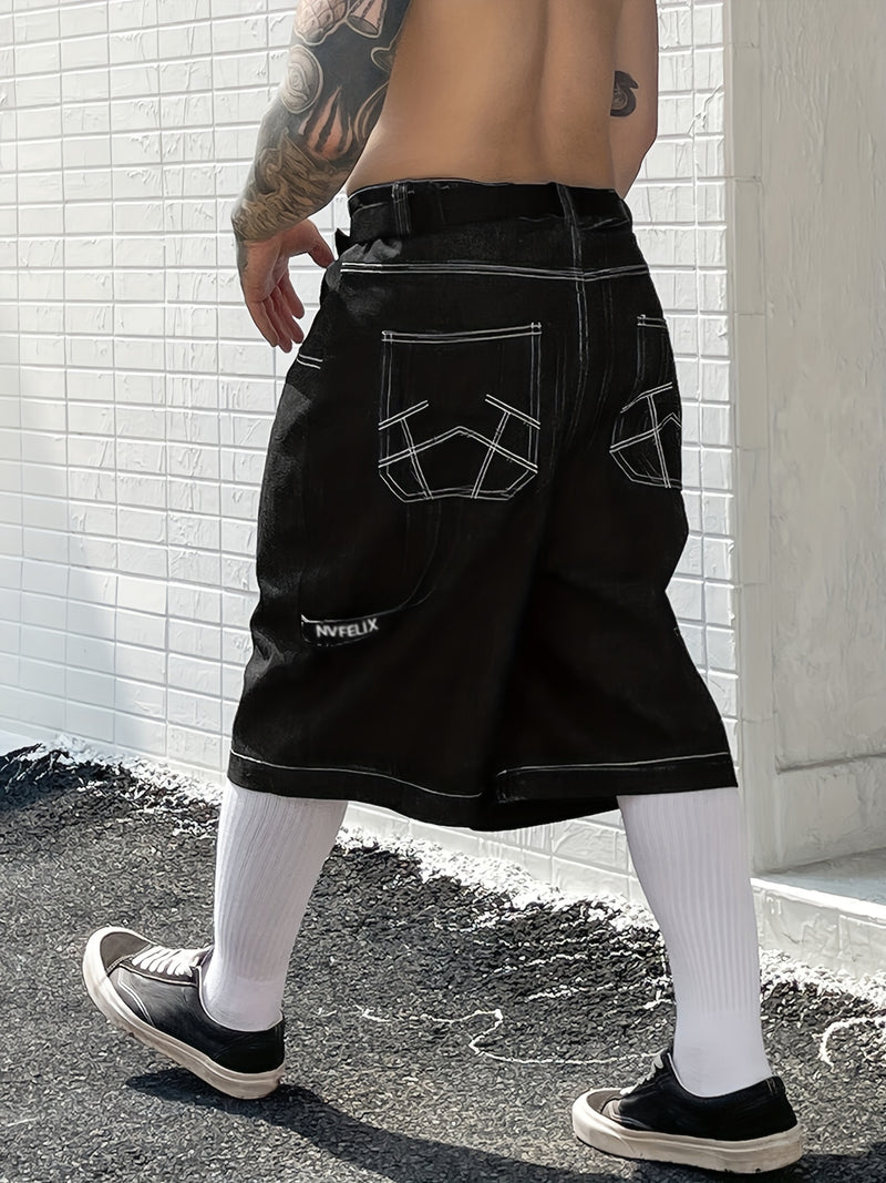 Men's American Embroidery Loose Fit Knee-Length Denim Shorts - Streetwear Style.