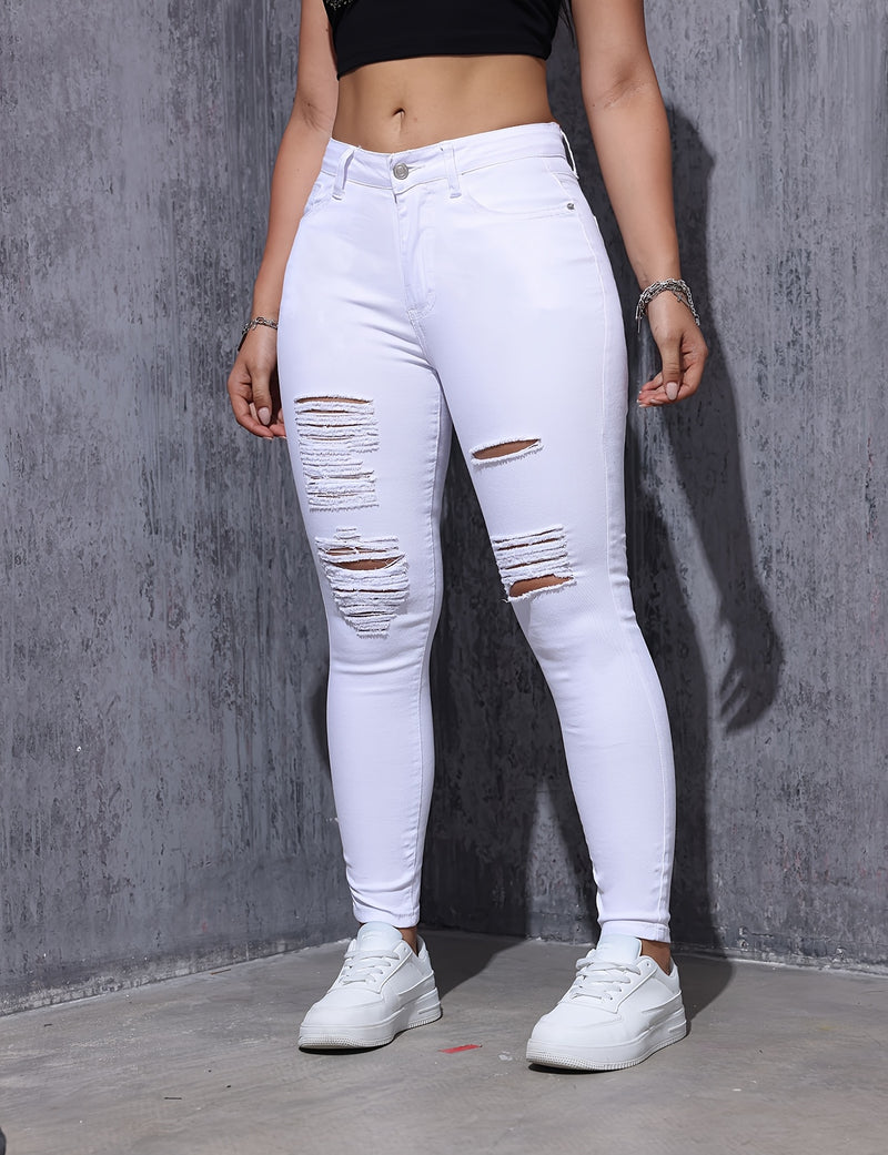 Women's Ripped Skinny Pants, Elastic Slim-fit.