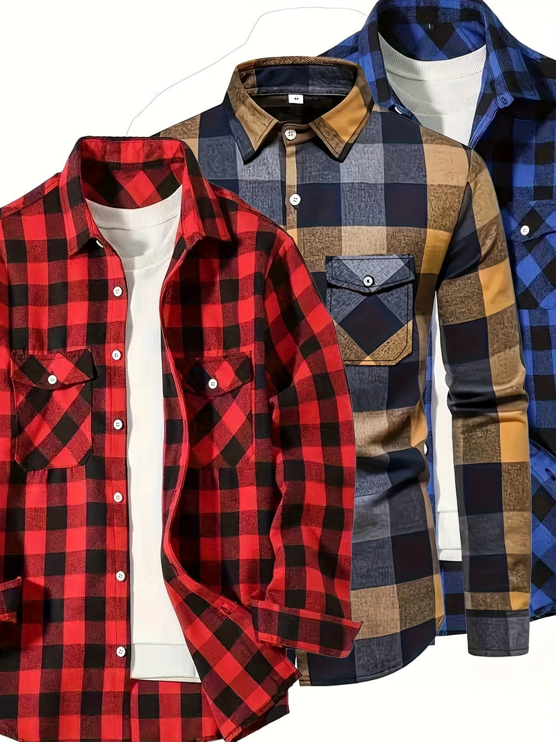 3pcs Men's Plaid Shirt Top with Turn- Collar Long Sleeve Button-Up.