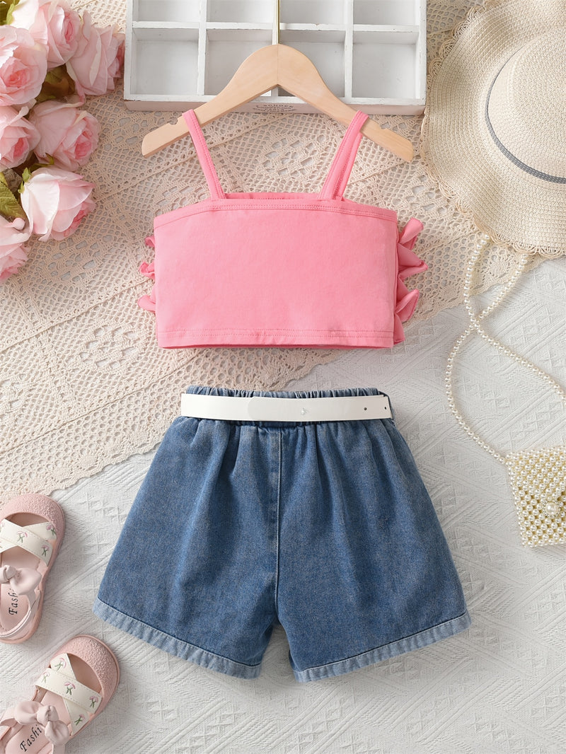 Girls' Lace-Trimmed Tank Top And Denim Shorts Two-Piece Set, for Outdoor.