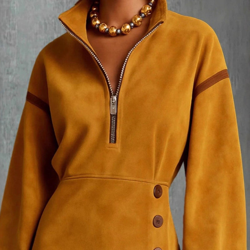 Women’s New Arrival Yellow High-Neck Button-Up Mini Dress.