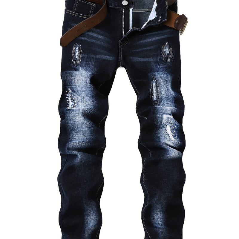 Men's Slim-Fit Stretch Denim Jeans in Dark Blue, Suitable for All Seasons.