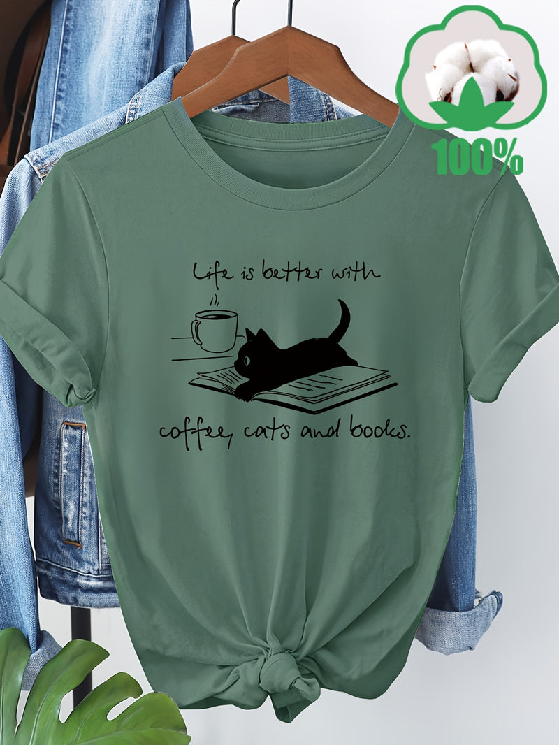 Women’s T-Shirt with a Coffee, Cat, And Book Pattern.