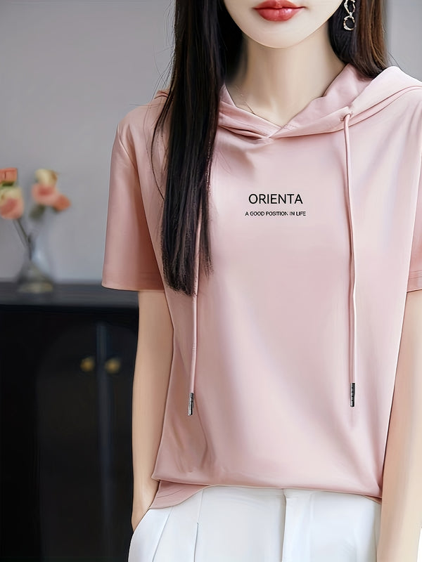 Summer New Korean Version Loose Short Sleeve Thin Trendy Printed Hooded T-Shirt for Women.