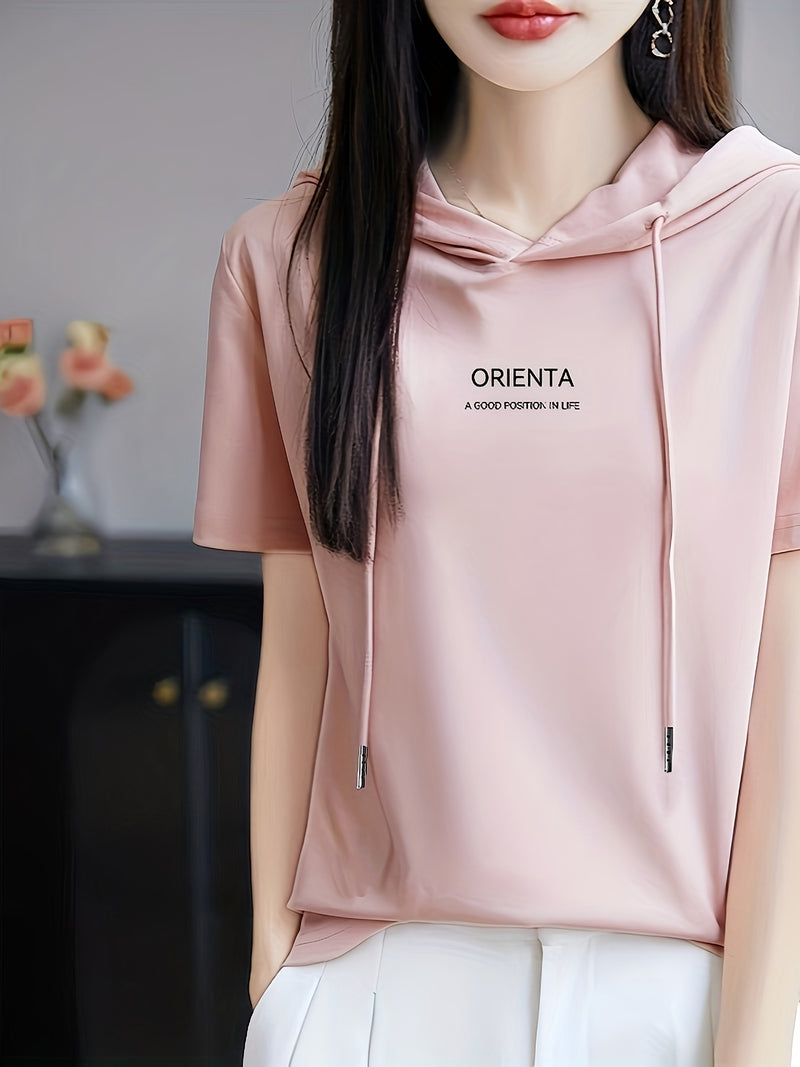 Summer New Korean Version Loose Short Sleeve Thin Trendy Printed Hooded T-Shirt for Women.