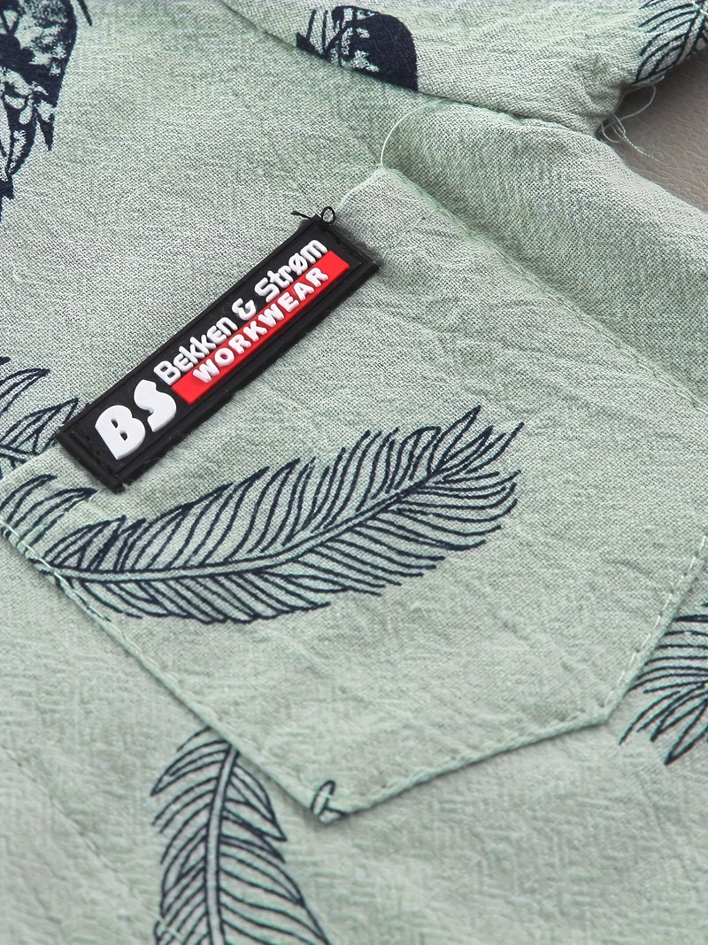 2pcs Boys' Casual Feather Shirt and Shorts Set Vibrant Yellow with Blue Accents.