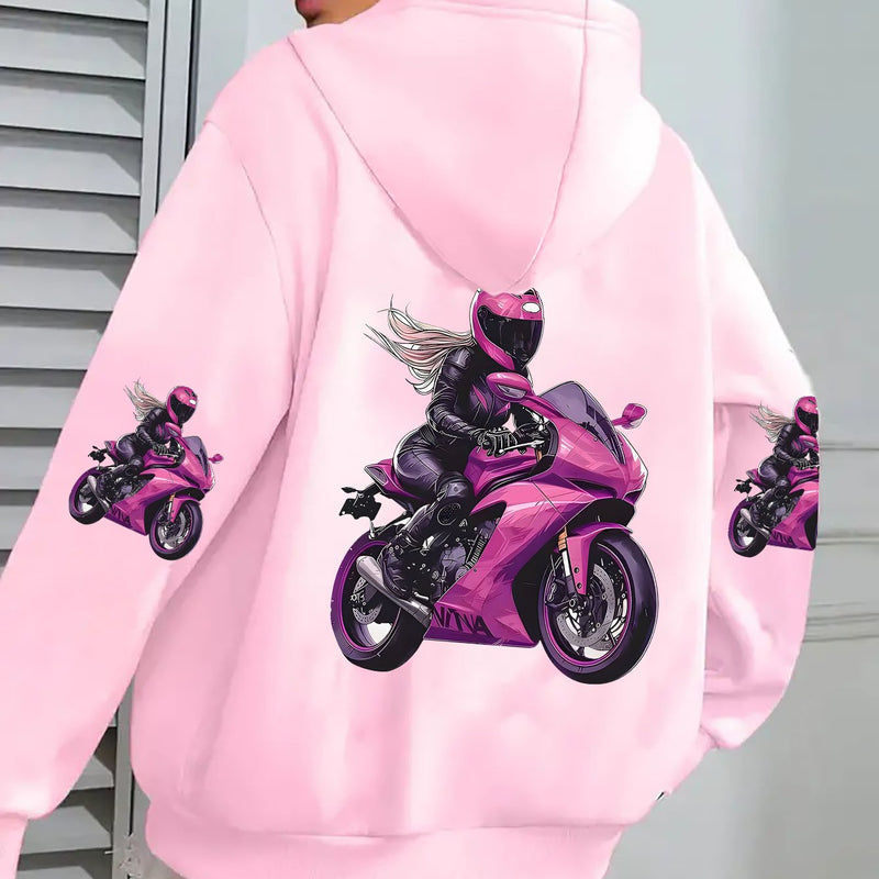 Ladies' Zipper Hoodie, Handsome Female Rider Cycling Pattern.