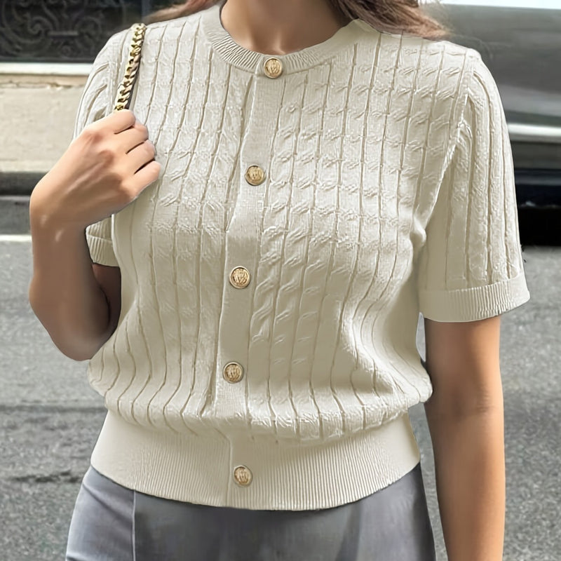 Women's Button-Front Solid Color Cable Blouse.