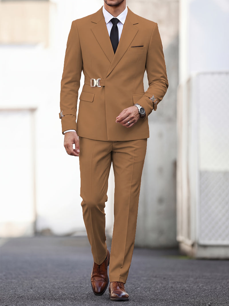 Men's 2pcs Suit Slim Fit Solid Jacket and Pants Set.