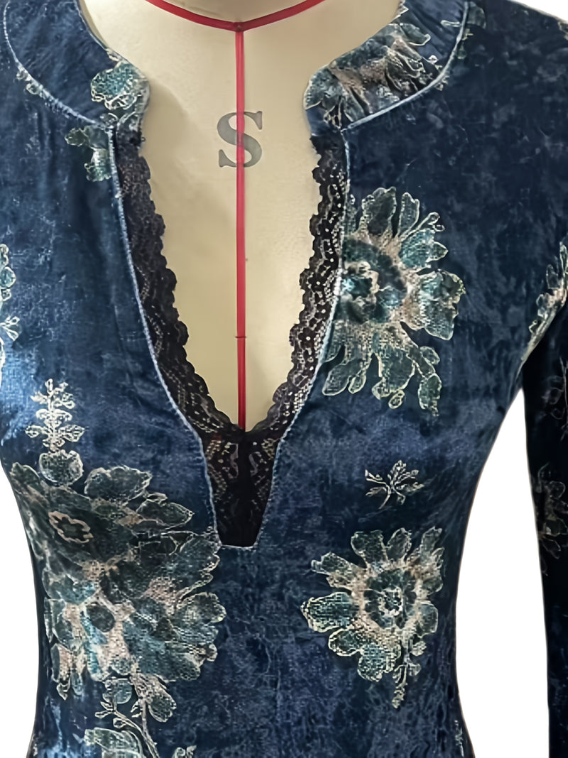 Women's Vintage Blue Floral Velvet Blouse, Lace Bell Sleeve Deep V-Neck Top.