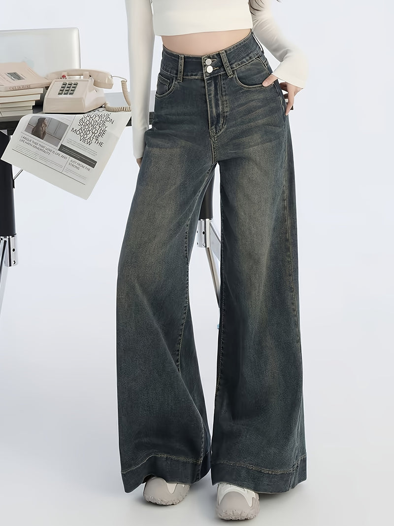 Double Button Jeans - Women's Low-Rise Wide Leg Denim.