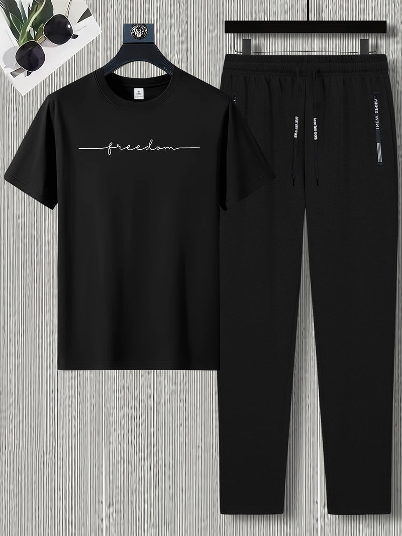 Men's Summer Design Short-Sleeve Set with Stylish Line Prints Paired.