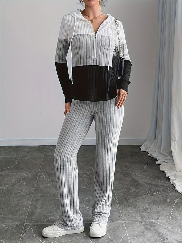 2pcs Women's Ribbed Hooded Sweatshirt and Pants Set.