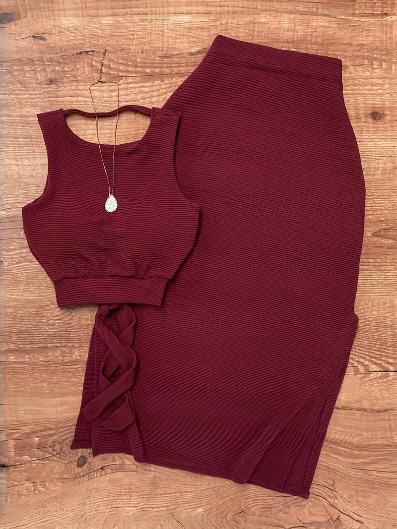 Sleeveless Top with a Slit Skirt Set.