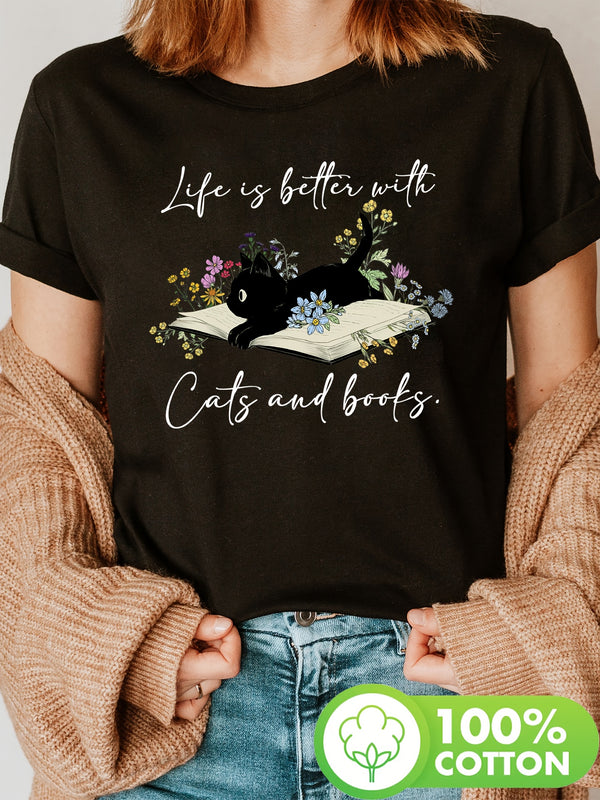 Women’s Cat Book Print T-shirt.