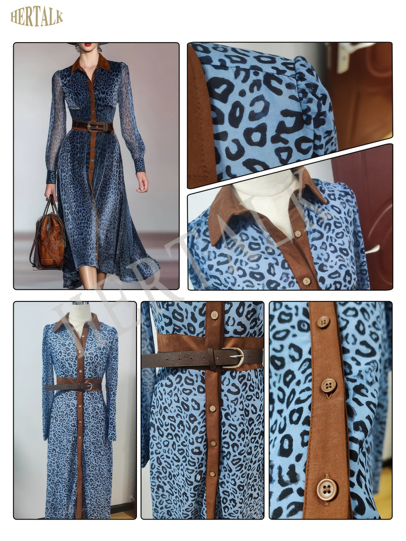 Women’s Mesh Digital Print Shirt Collar Cardigan with Belt Long Dress.