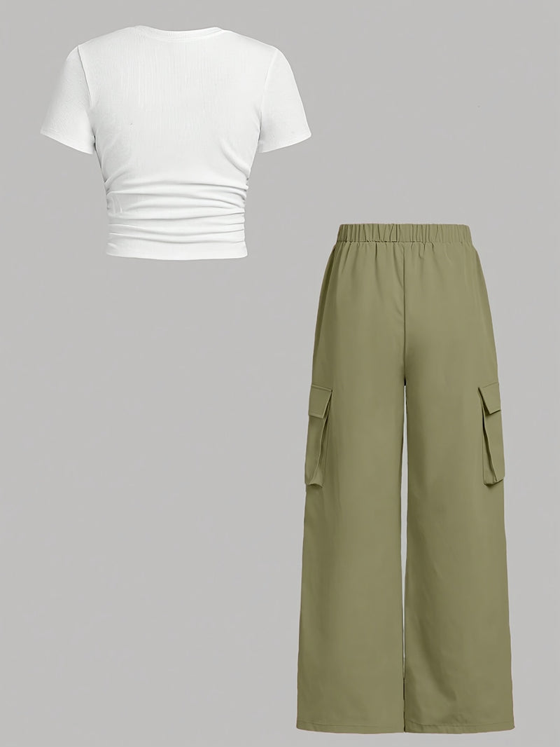 Directional Round Neck Short Sleeve T-Shirt and Work Pants Set.