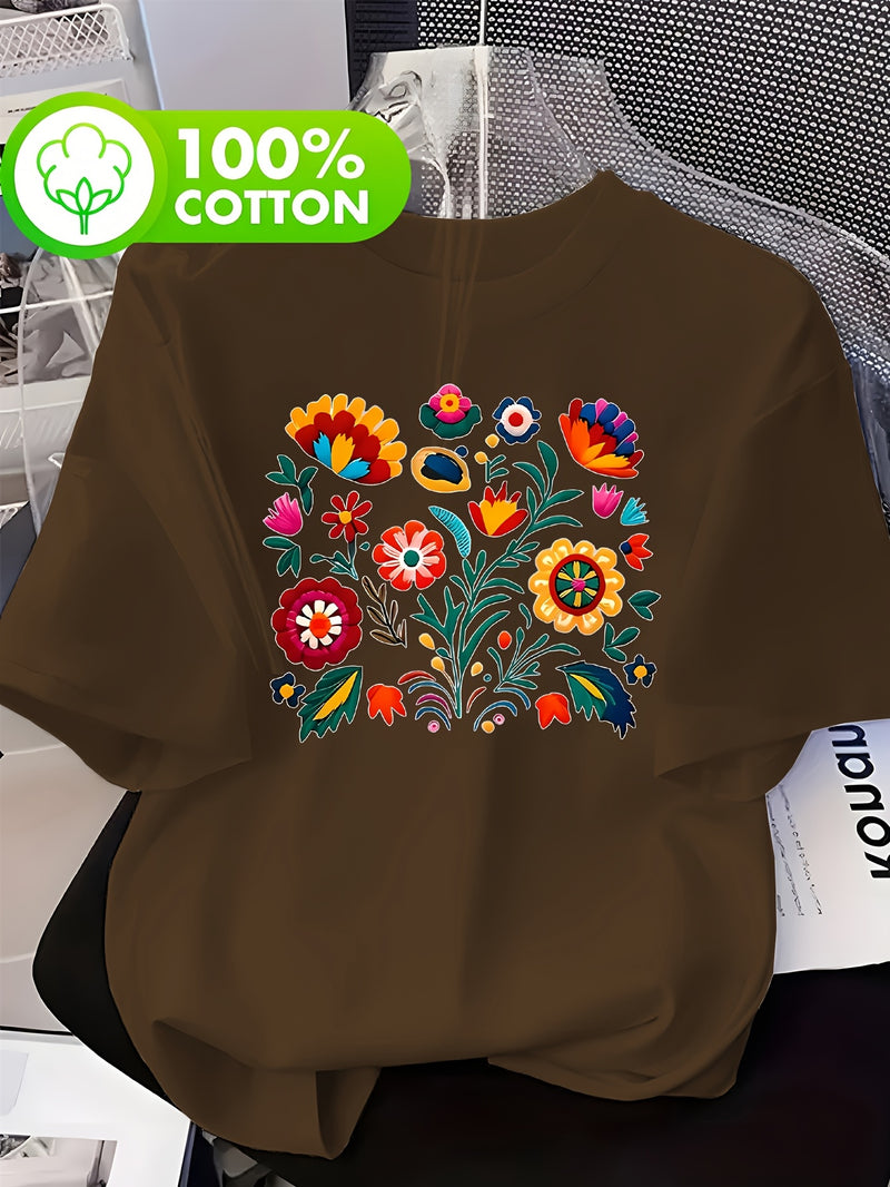 Women’s Casual Short-Sleeve T-Shirt with a Floral Graphic Print.