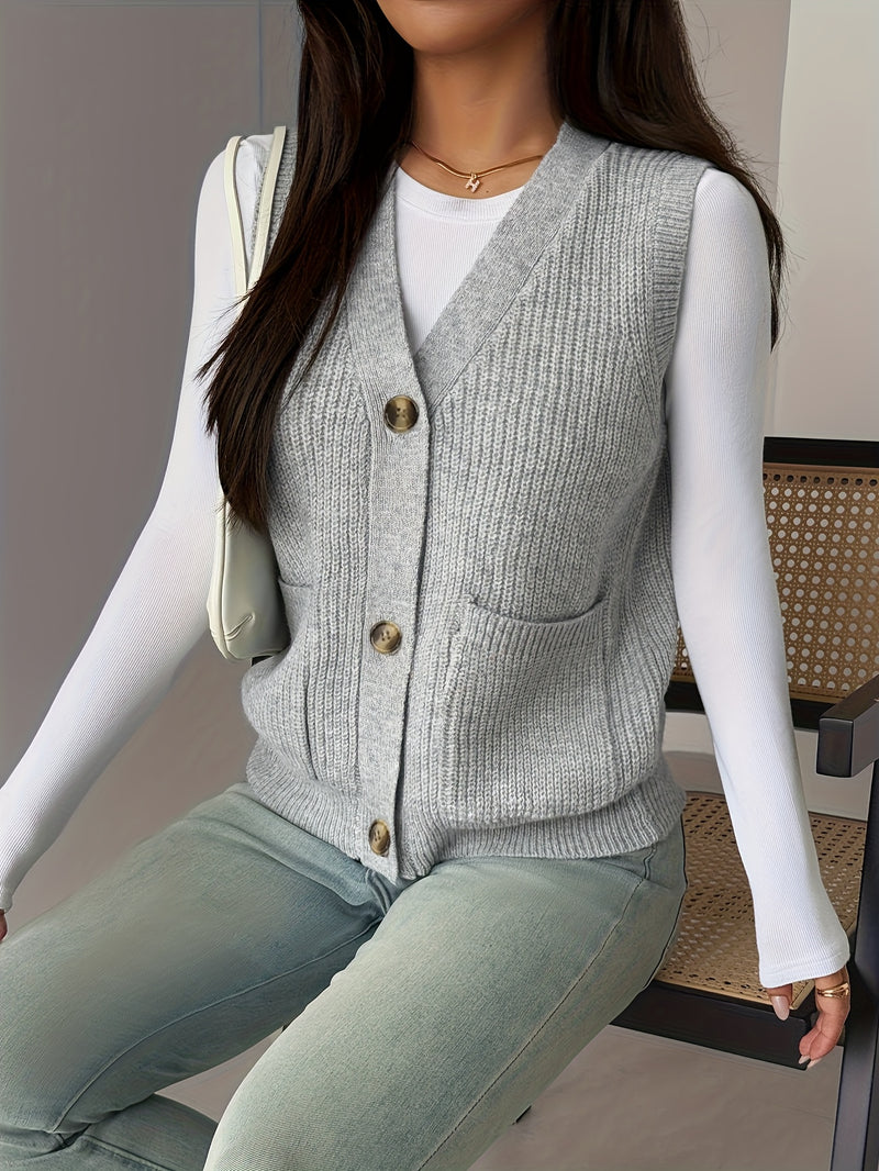 New Solid Color V-Neck Pocket Women's Sweater Vest.