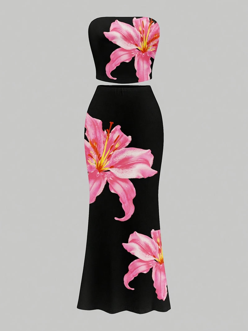 Black Powder Lily Floral Two-Piece Set Strapless Short Top+Extra Long Skirt.