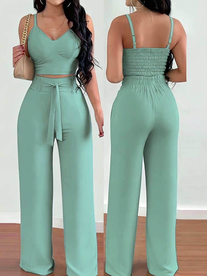 2-piece Women's Set with Thin Strap Stretch Camisole and Wide-leg Pants.