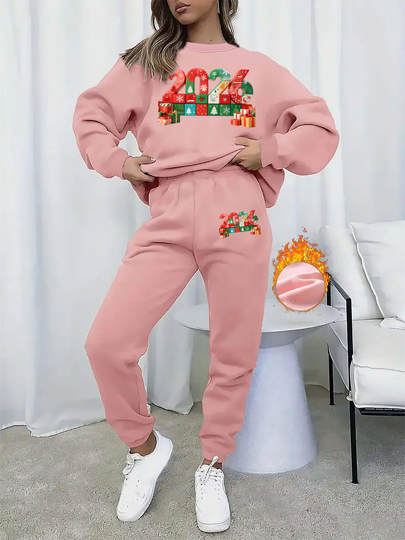 Women's Pullover Round Neck Sweatshirt And Tapered Pants Two-Piece Set.